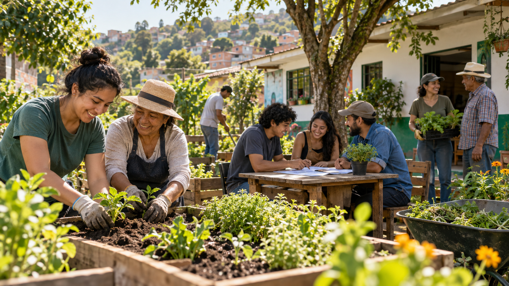 Personas de la comunidad colaborando en un huerto y proyecto local